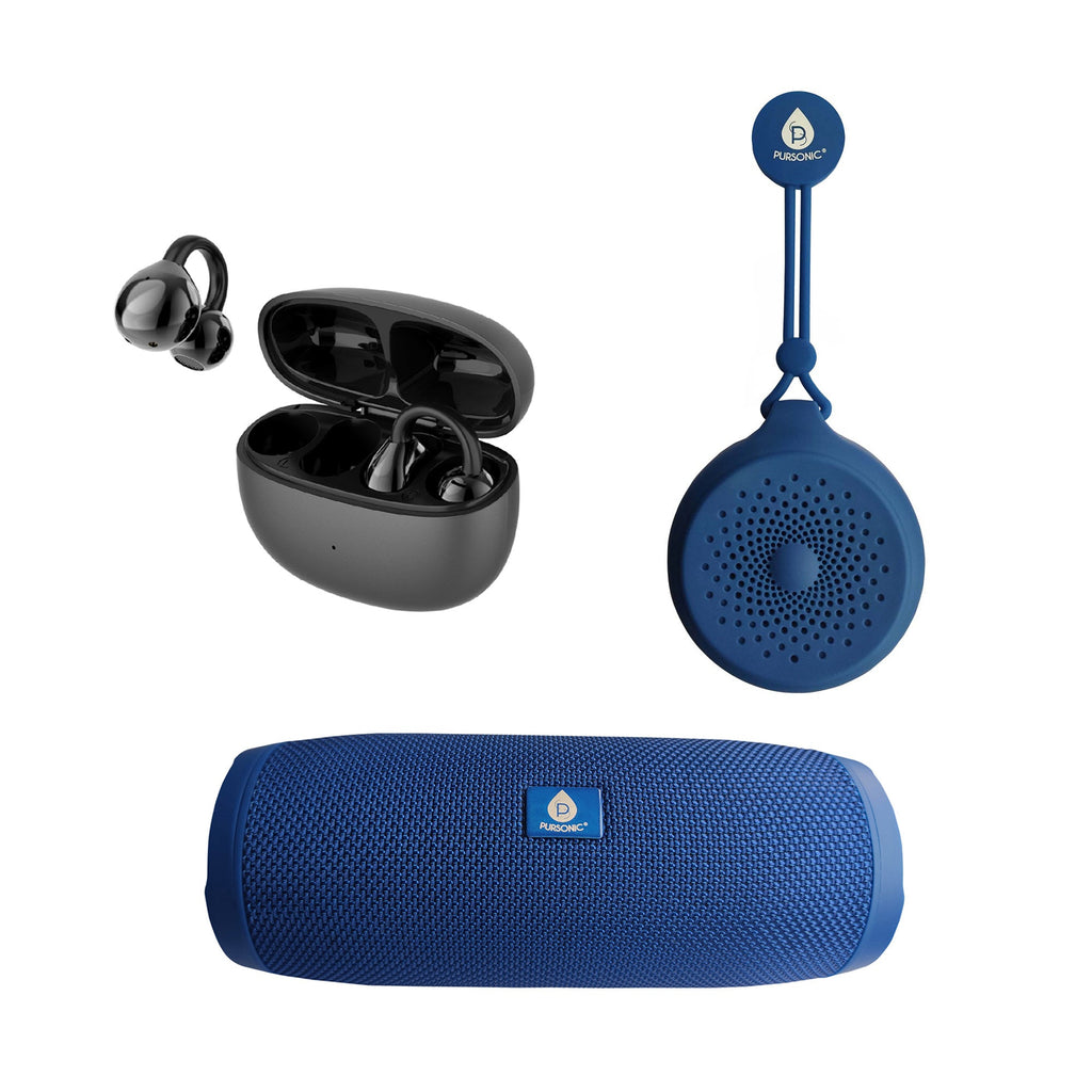 Total Audio Freedom Collection – Wireless Earbuds + Extended-Play 360° Speaker + Waterproof Suction Speaker-0