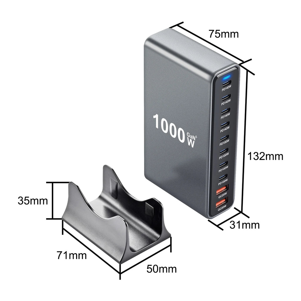 Multi-Device 1000W USB-C Hub Desktop Charger 10-Port PD3.1 GaN Fast Charging Station Adapters for Laptop Phone Dropshipping Hot