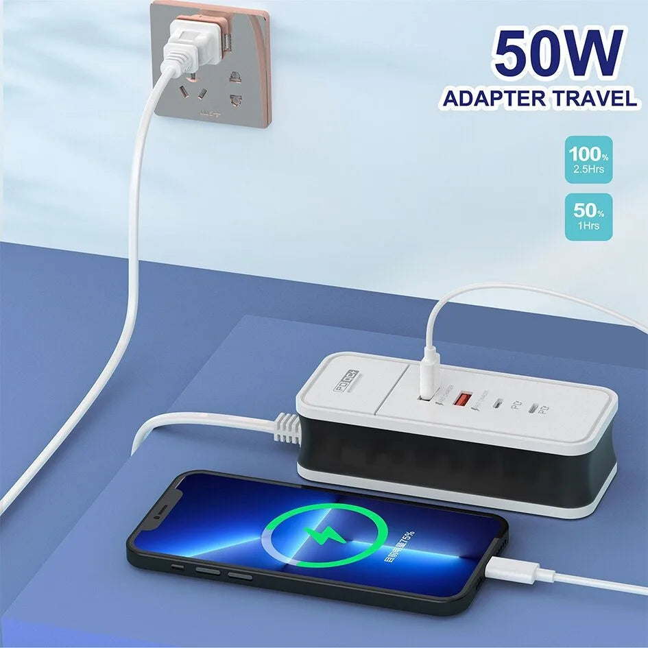 50W Multi‑Port Desktop Charging Station Type‑C USB Fast Charging Power Adapter Phone Charger Station for iPhone Xiaomi Phones
