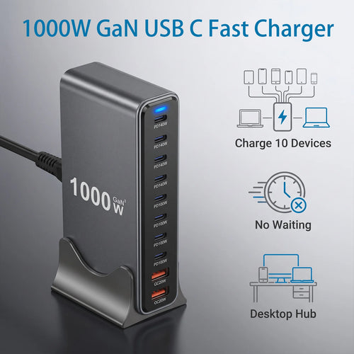 10-Port USB & USB-C Desktop Charging Station – Gray