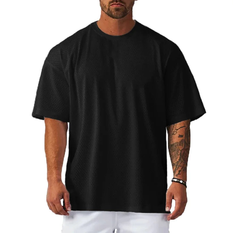 Oversized T Shirt Men O Neck Dropped Shoulders Hip Hop Loose Running T-shirts Mesh Half Sleeve Fitness Bodybuilding Gym Clothing