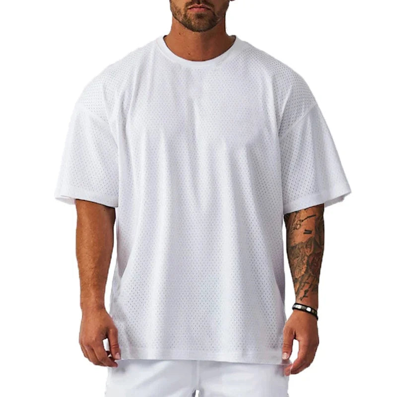 Oversized T Shirt Men O Neck Dropped Shoulders Hip Hop Loose Running T-shirts Mesh Half Sleeve Fitness Bodybuilding Gym Clothing