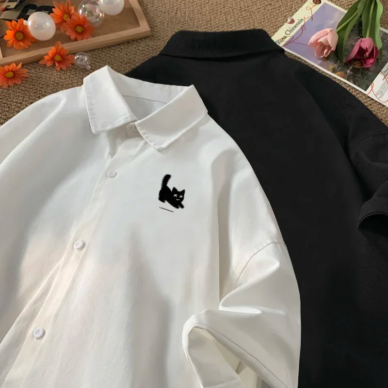 Men's Oversized Shirts Funny Cat Print Mens Blouse White Fashion 5XL Oversize Shirt Casual Wear Summer for Men New Clothing