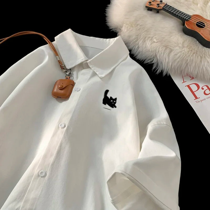 Men's Oversized Shirts Funny Cat Print Mens Blouse White Fashion 5XL Oversize Shirt Casual Wear Summer for Men New Clothing
