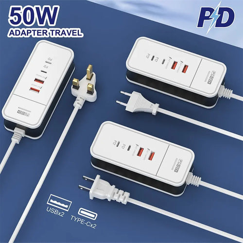 50W Multi‑Port Desktop Charging Station Type‑C USB Fast Charging Power Adapter Phone Charger Station for iPhone Xiaomi Phones