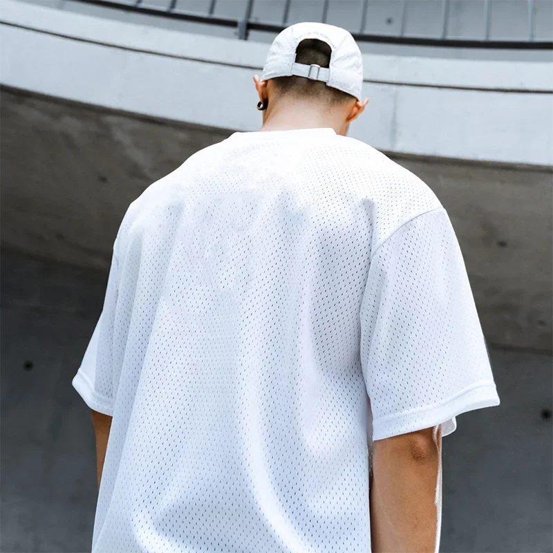 Oversized T Shirt Men O Neck Dropped Shoulders Hip Hop Loose Running T-shirts Mesh Half Sleeve Fitness Bodybuilding Gym Clothing