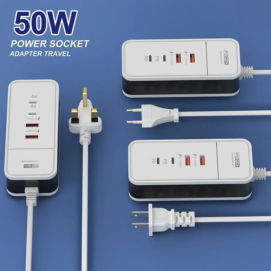 50W Multi‑Port Desktop Charging Station Type‑C USB Fast Charging Power Adapter Phone Charger Station for iPhone Xiaomi Phones