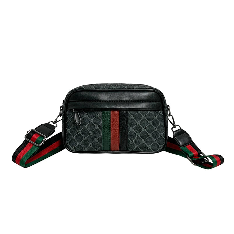 Casual Lightweight Sling Bag with Color Block Strap for Men PU Leather Messenger Bag Trend Wide Strap Crossbody Bags Designer