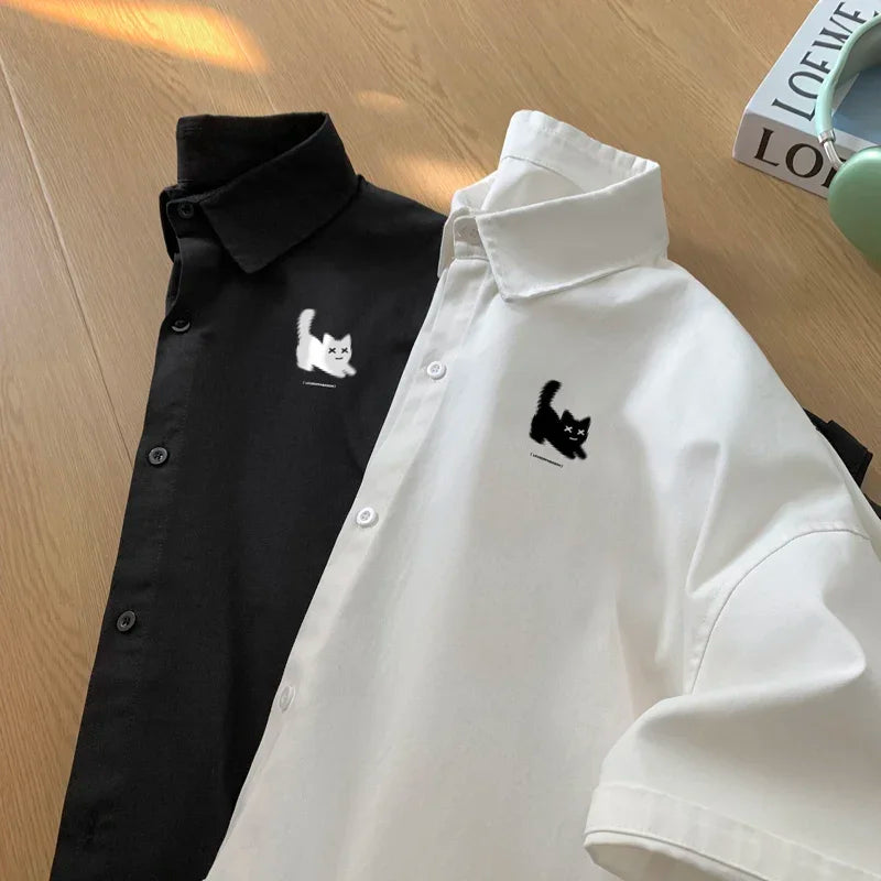 Men's Oversized Shirts Funny Cat Print Mens Blouse White Fashion 5XL Oversize Shirt Casual Wear Summer for Men New Clothing