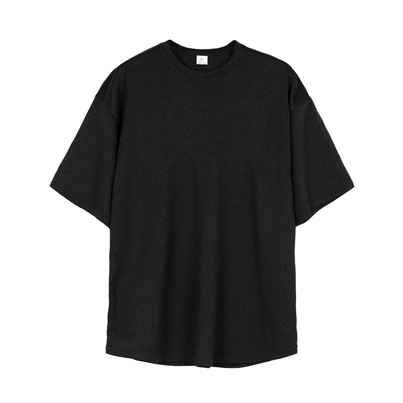Oversized T Shirt Men O Neck Dropped Shoulders Hip Hop Loose Running T-shirts Mesh Half Sleeve Fitness Bodybuilding Gym Clothing
