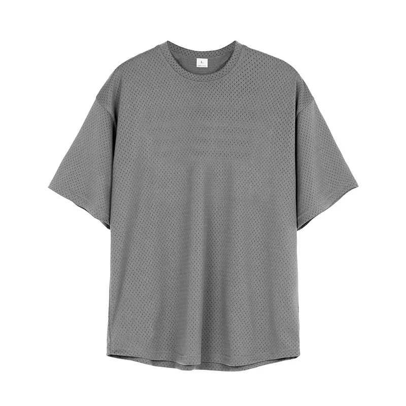 Oversized T Shirt Men O Neck Dropped Shoulders Hip Hop Loose Running T-shirts Mesh Half Sleeve Fitness Bodybuilding Gym Clothing