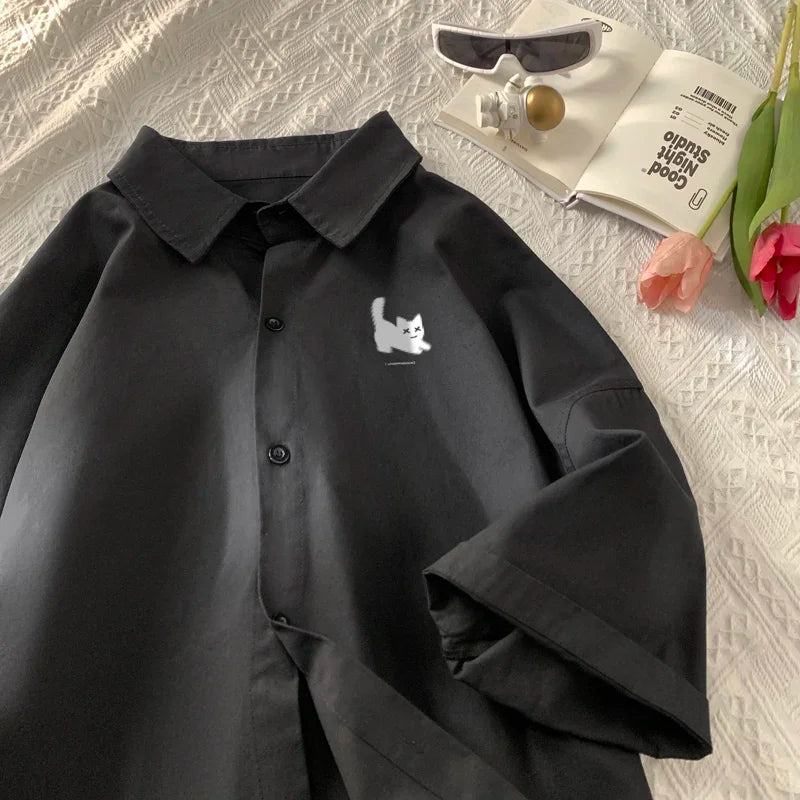 Men's Oversized Shirts Funny Cat Print Mens Blouse White Fashion 5XL Oversize Shirt Casual Wear Summer for Men New Clothing