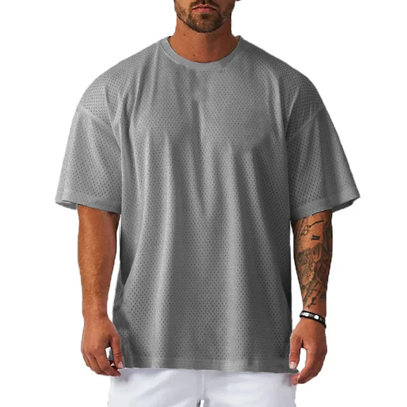 Oversized T Shirt Men O Neck Dropped Shoulders Hip Hop Loose Running T-shirts Mesh Half Sleeve Fitness Bodybuilding Gym Clothing