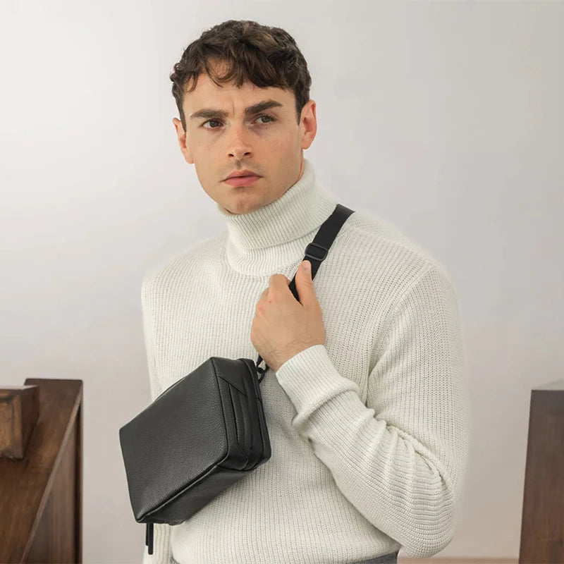 High Quality Man Sling Bag 132 Essential Case Pro Black Granular Texture PU Multi-use as a Organiser Mens Crossbody Bag