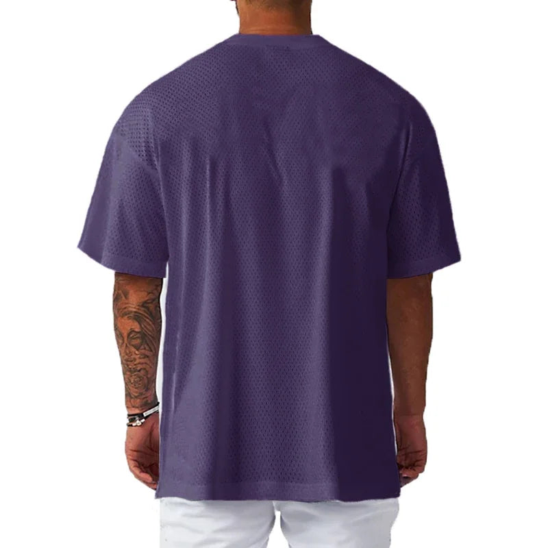 Oversized T Shirt Men O Neck Dropped Shoulders Hip Hop Loose Running T-shirts Mesh Half Sleeve Fitness Bodybuilding Gym Clothing