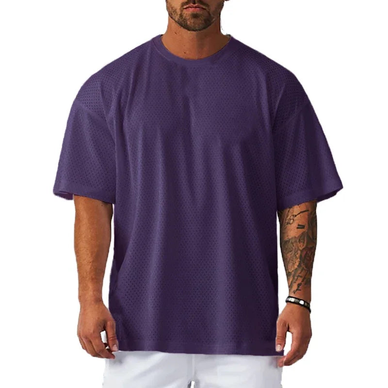 Oversized T Shirt Men O Neck Dropped Shoulders Hip Hop Loose Running T-shirts Mesh Half Sleeve Fitness Bodybuilding Gym Clothing