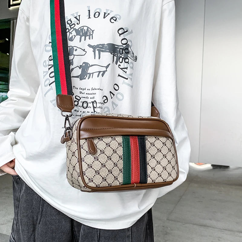 Casual Lightweight Sling Bag with Color Block Strap for Men PU Leather Messenger Bag Trend Wide Strap Crossbody Bags Designer