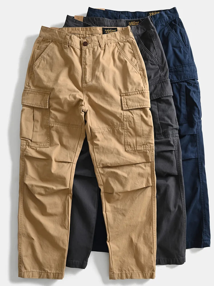 Heavyweight 100% Cotton Workwear Pants American Classic Straight Fit Relaxed Cargo Trousers for Men Multi-Pocket Outdoor Casual