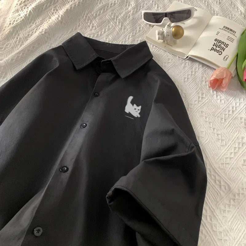 Men's Oversized Shirts Funny Cat Print Mens Blouse White Fashion 5XL Oversize Shirt Casual Wear Summer for Men New Clothing